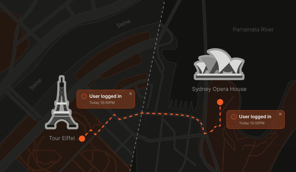 map showing login activity at the eiffel tower and sydney opera house